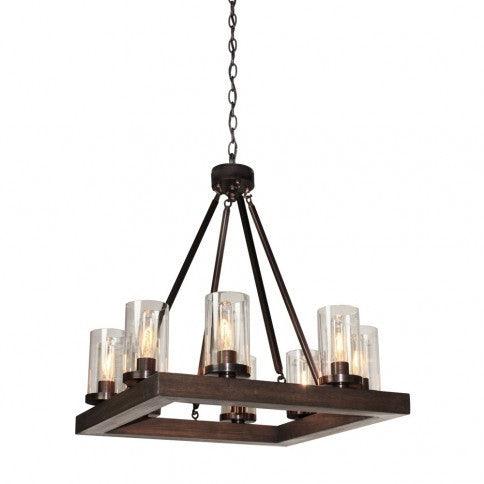 Brunito Bronze Pine Wood with Clear Cylindrical Glass Shade Square Chandelier - LV LIGHTING