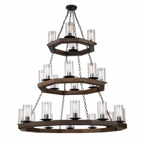 Brunito Bronze Pine Wood with Clear Cylindrical Glass Shade 3 Tier Chandelier - LV LIGHTING