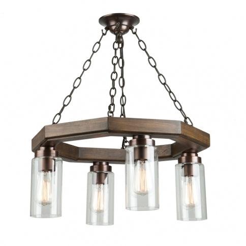 Brunito Bronze Pine Wood with Clear Cylindrical Glass Shade Octagon Down Chandelier - LV LIGHTING
