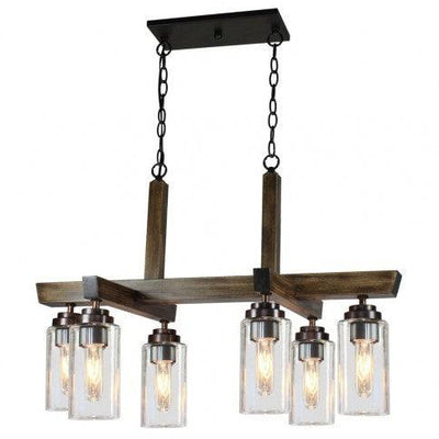 Pine Wood Frame with Clear Cylindrical Glass Shade Linear Chandelier - LV LIGHTING