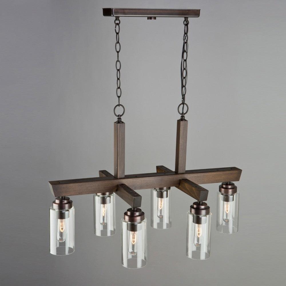 Pine Wood Frame with Clear Cylindrical Glass Shade Linear Chandelier - LV LIGHTING