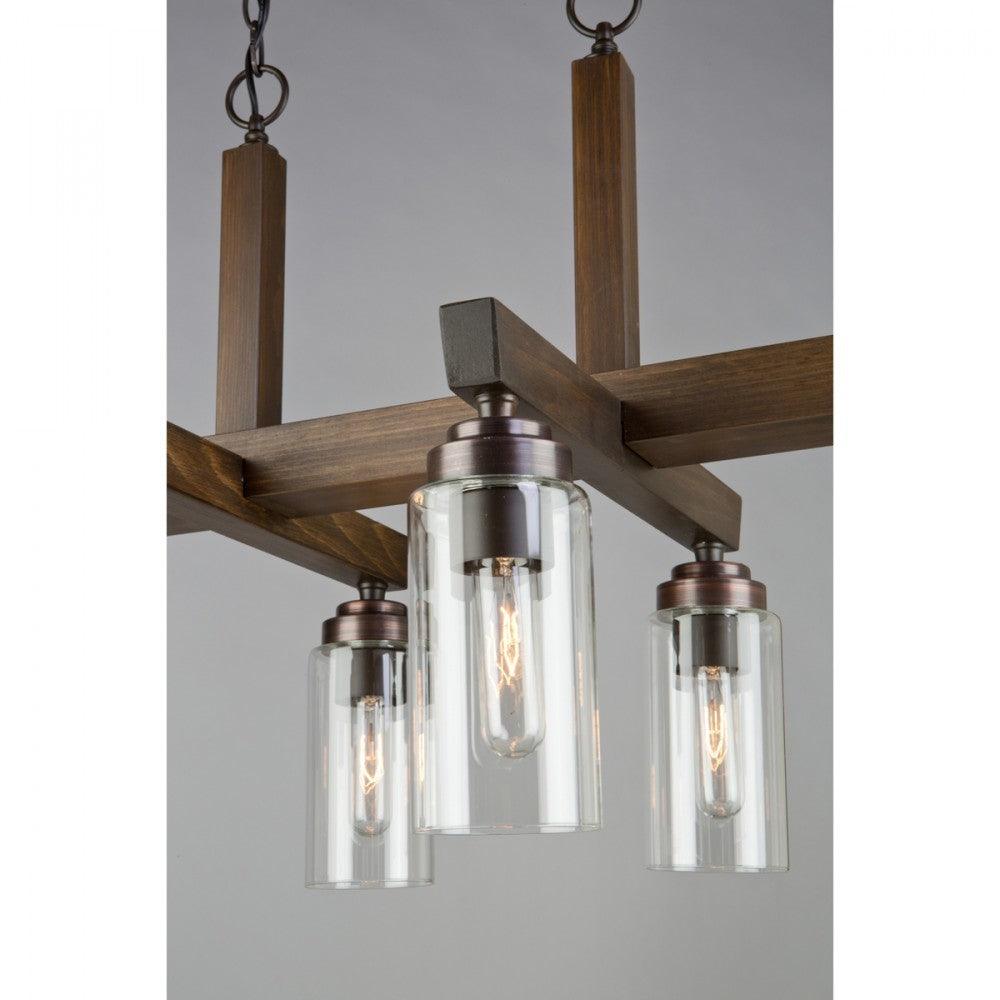 Pine Wood Frame with Clear Cylindrical Glass Shade Linear Chandelier - LV LIGHTING