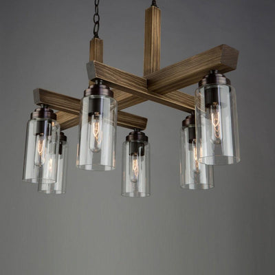 Pine Wood Frame with Clear Cylindrical Glass Shade Linear Chandelier - LV LIGHTING