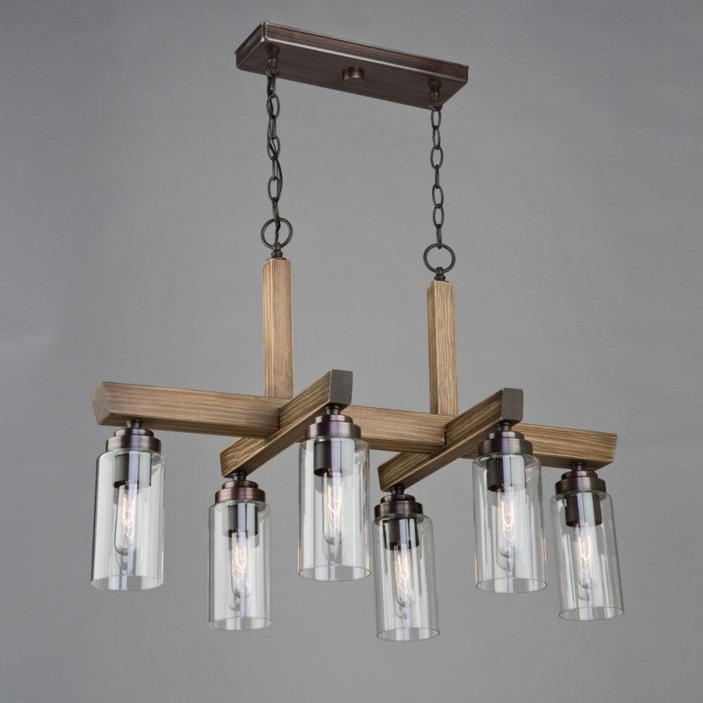 Pine Wood Frame with Clear Cylindrical Glass Shade Linear Chandelier - LV LIGHTING