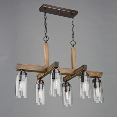 Pine Wood Frame with Clear Cylindrical Glass Shade Linear Chandelier - LV LIGHTING