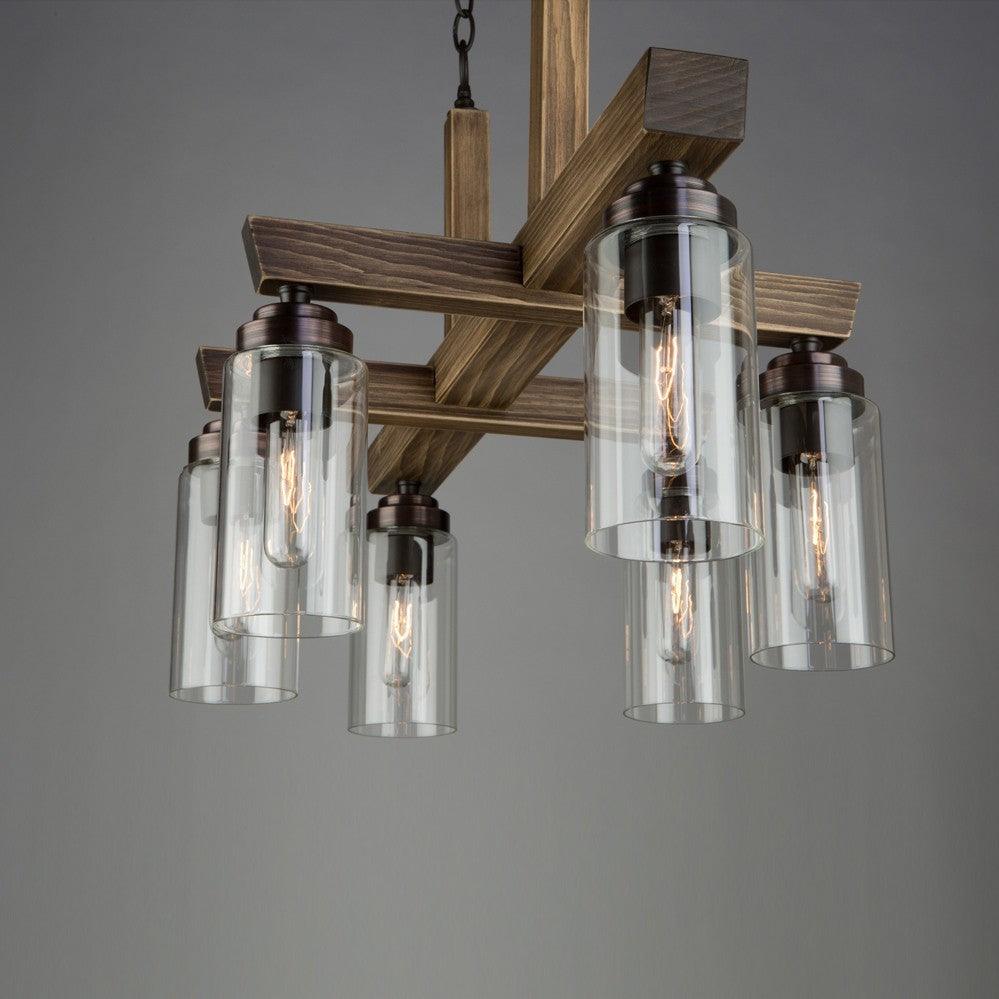 Pine Wood Frame with Clear Cylindrical Glass Shade Linear Chandelier - LV LIGHTING