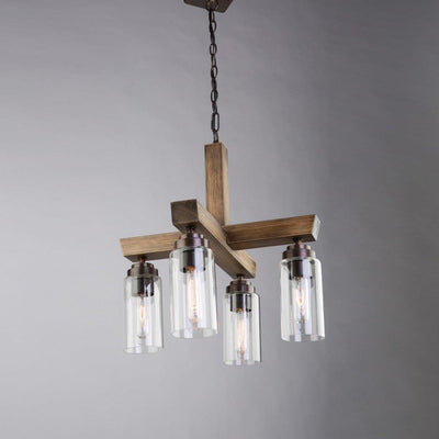 Pine Wood Frame with Clear Cylindrical Glass Shade Pendant - LV LIGHTING