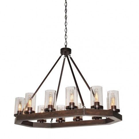 Pine Wood Brunito Bronze Oval Octagon with Clear Cylindrical Glass Shade Chandelier - LV LIGHTING