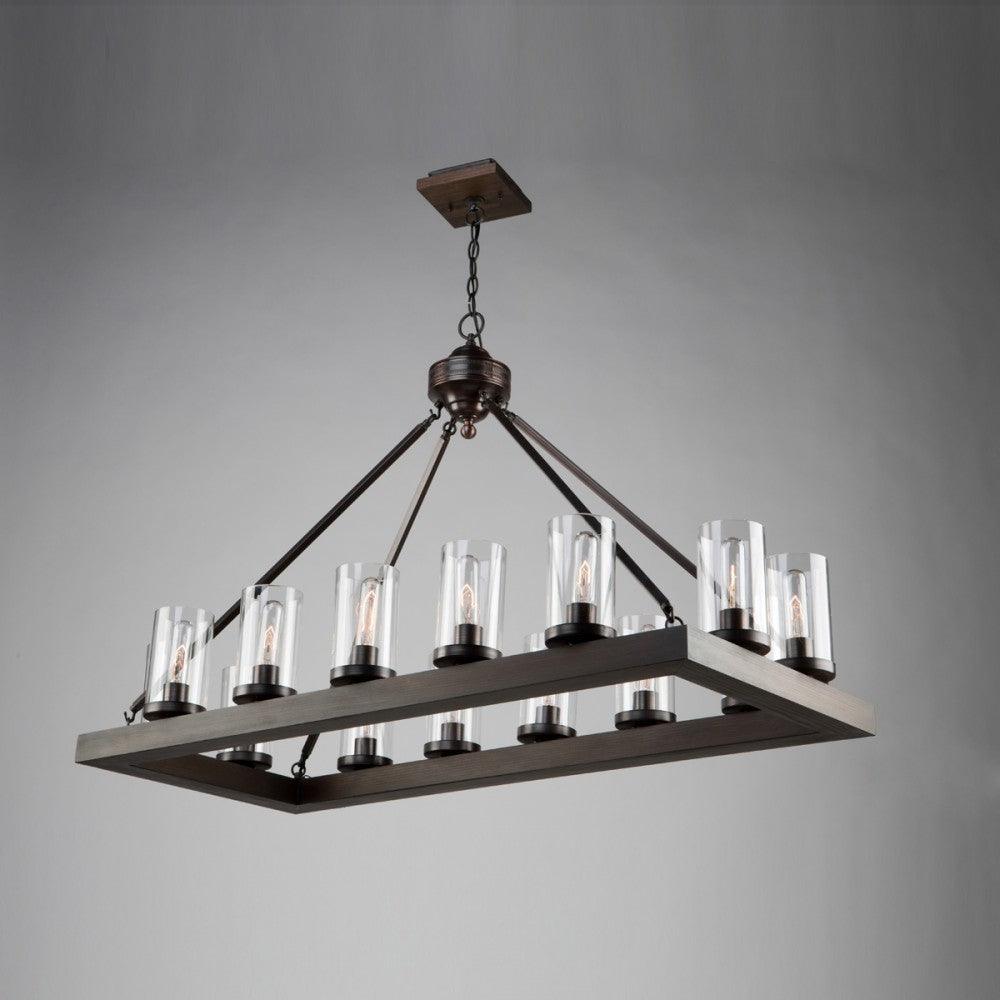 Pine Wood Brunito Bronze Rectangular Frame with Clear Cylindrical Glass Shade Chandelier - LV LIGHTING