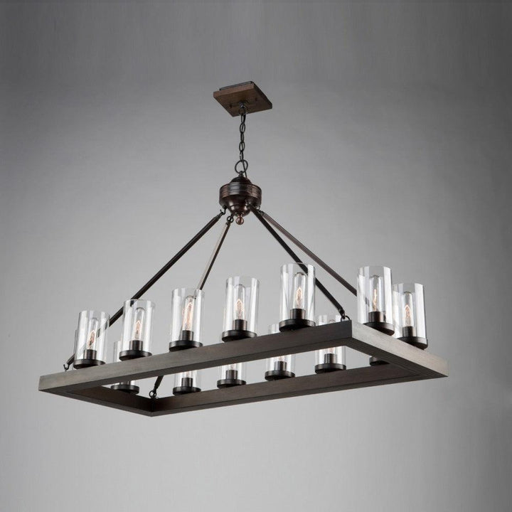 Pine Wood Brunito Bronze Rectangular Frame with Clear Cylindrical Glass Shade Chandelier - LV LIGHTING