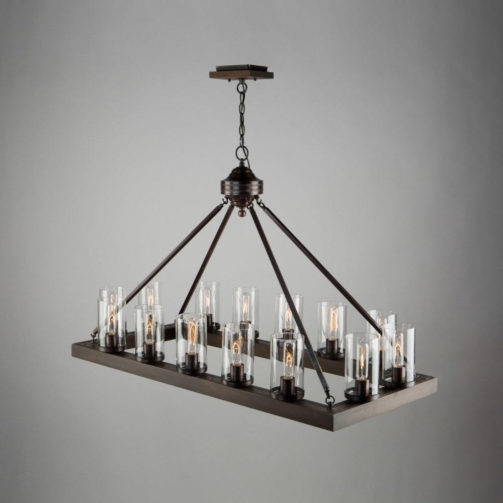 Pine Wood Brunito Bronze Rectangular Frame with Clear Cylindrical Glass Shade Chandelier - LV LIGHTING