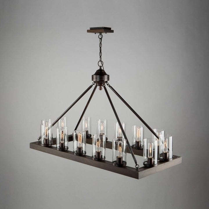 Pine Wood Brunito Bronze Rectangular Frame with Clear Cylindrical Glass Shade Chandelier - LV LIGHTING