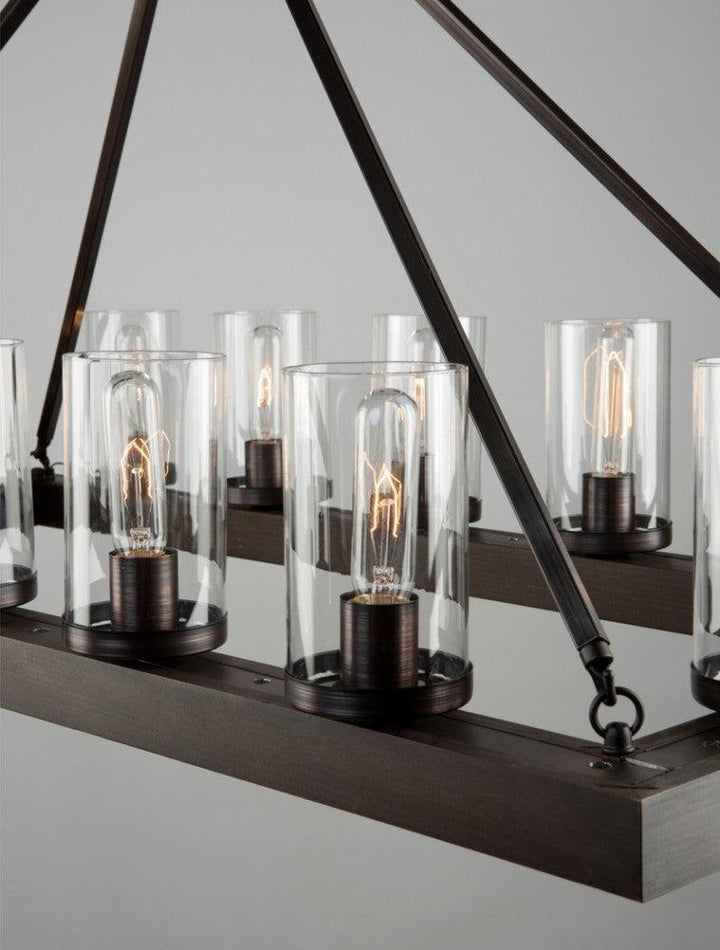 Pine Wood Brunito Bronze Rectangular Frame with Clear Cylindrical Glass Shade Chandelier - LV LIGHTING