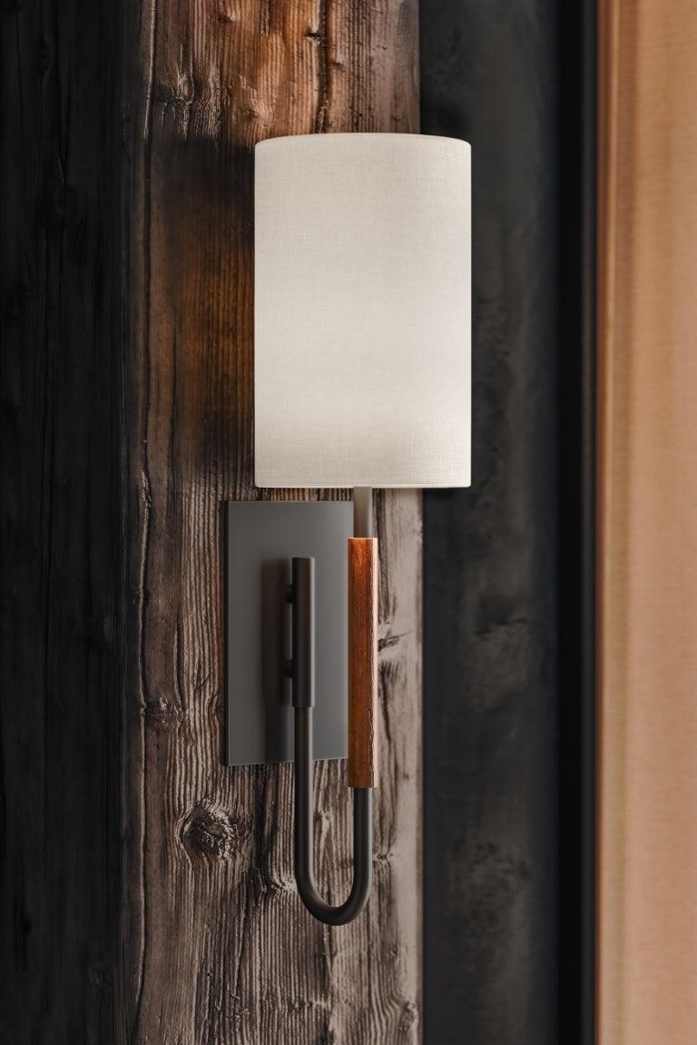 Soft Black and Acacia Wood Frame with White Linen Cylindrical Shade Wall Sconce - LV LIGHTING