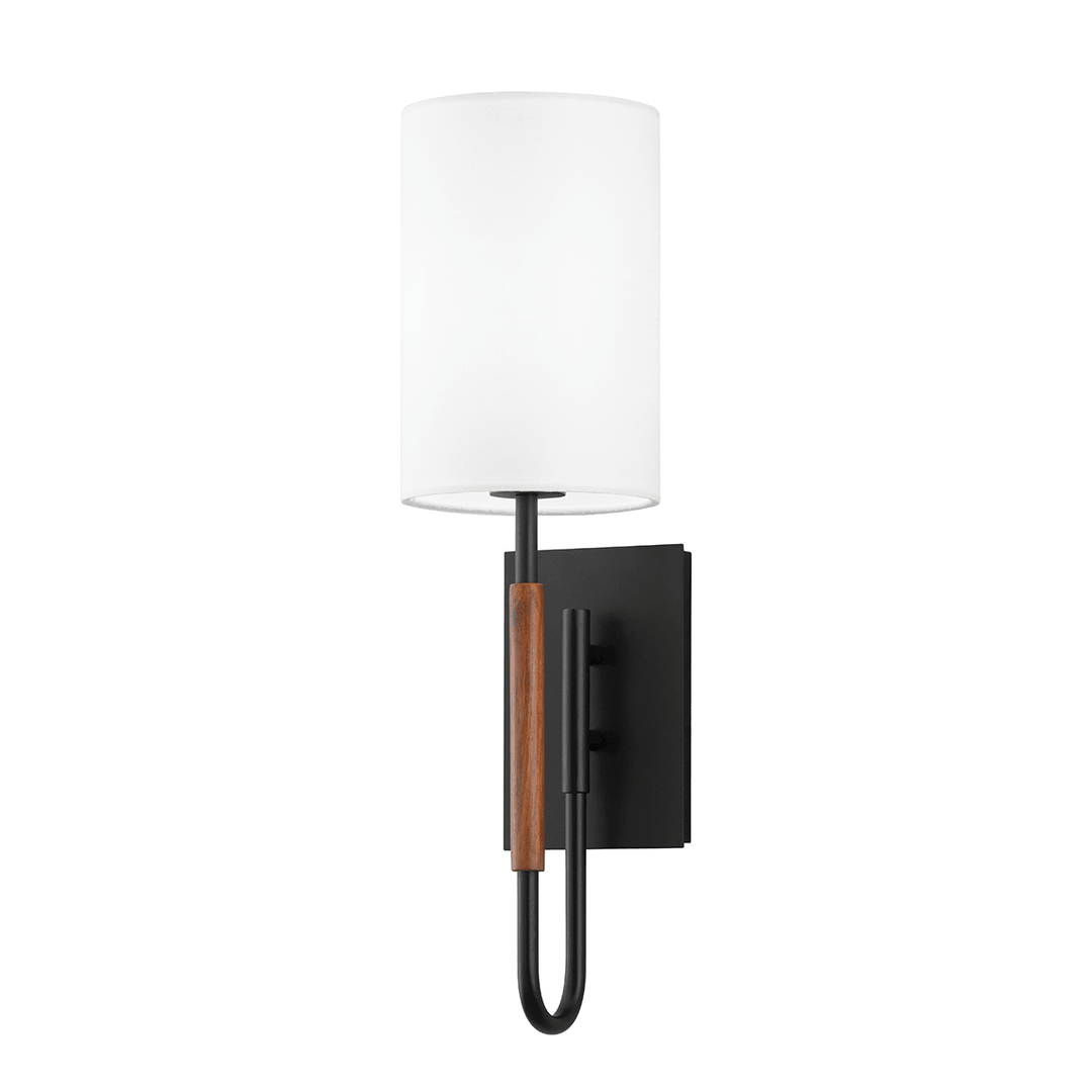 Soft Black and Acacia Wood Frame with White Linen Cylindrical Shade Wall Sconce - LV LIGHTING