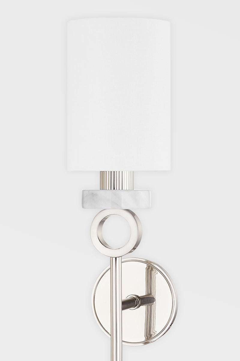 Steel Rod and Marble Stone with Cylindrical White Linen Shade Wall Sconce