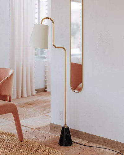 Steel Arm and White Belgian Linen Shade with Black Marble Base Floor Lamp - LV LIGHTING