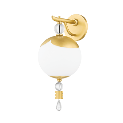 Aged Brass Frame with Opal Matte Glass Globe Shade with Clear Crystal Drop Wall Sconce - LV LIGHTING