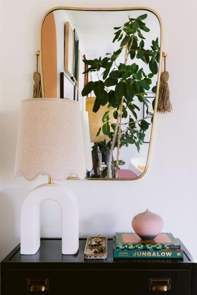 Aged Brass and Ceramic Raw Matte White Arch Frame with Natural Linen Shade Table Lamp - LV LIGHTING