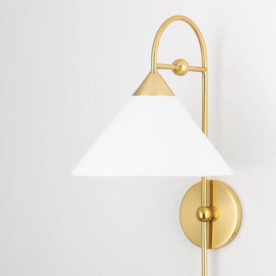 Aged Brass Arch Arm with White Linen Shade Wall Sconce - LV LIGHTING