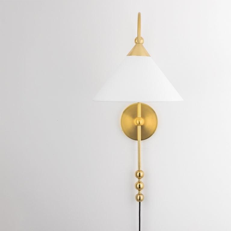 Aged Brass Arch Arm with White Linen Shade Wall Sconce - LV LIGHTING