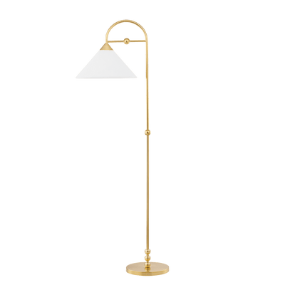 Aged Brass Arch Arm with White Linen Shade Floor Lamp - LV LIGHTING