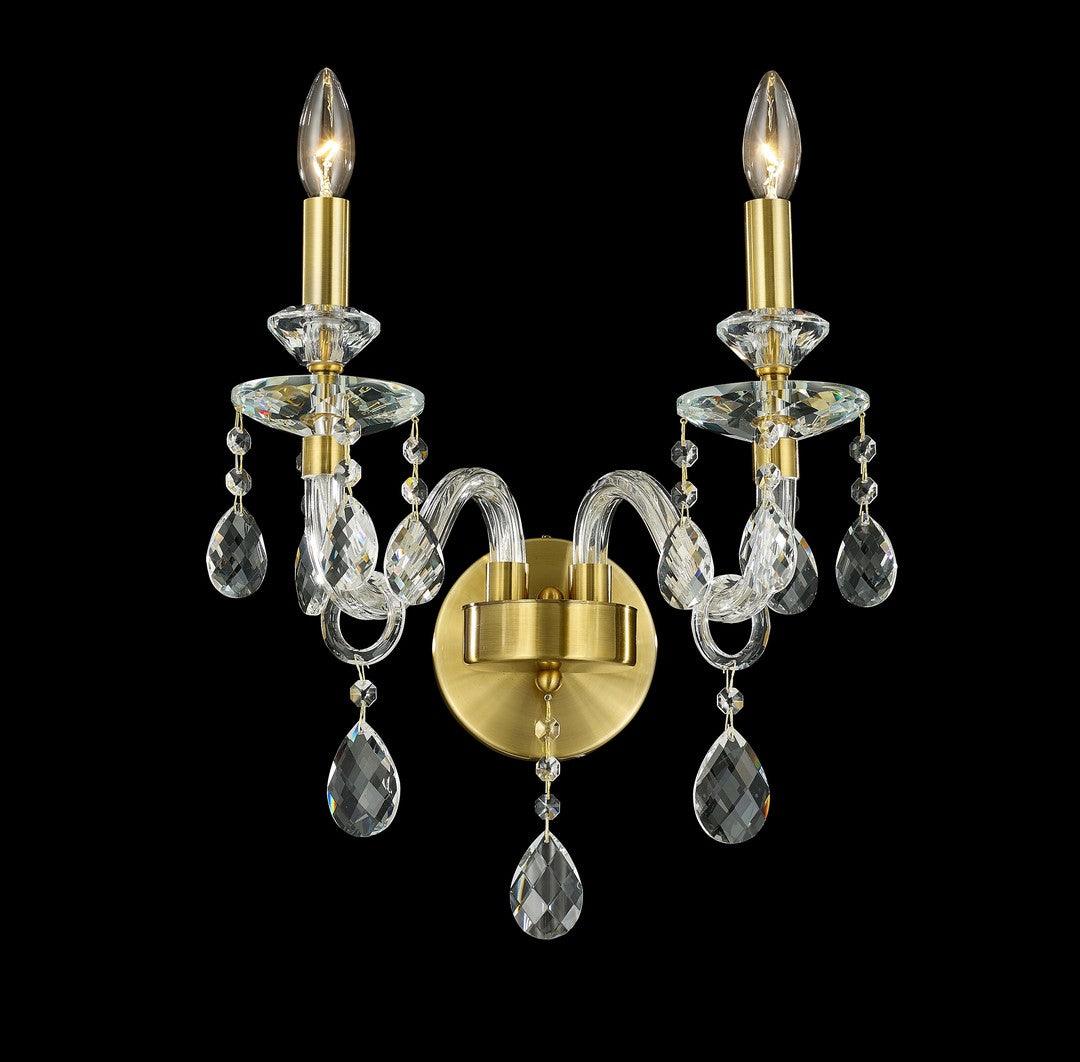 Aged Brass Frame with Clear Crystal Drop 2 light Wall Sconce - LV LIGHTING