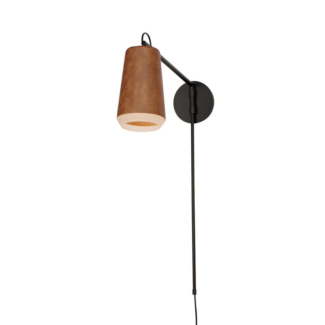 Weathered Wood with Tan Leather Shade Plug In Wall Sconce