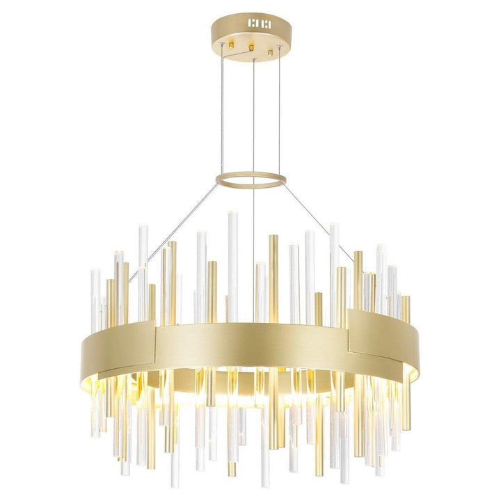 LED Satin Gold Round Frame with Clear and Gold Glass Tube Chandelier - LV LIGHTING