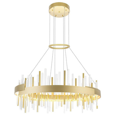 LED Satin Gold Round Frame with Clear and Gold Glass Tube Chandelier - LV LIGHTING