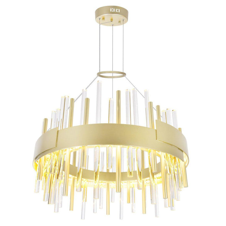 LED Satin Gold Round Frame with Clear and Gold Glass Tube Chandelier - LV LIGHTING