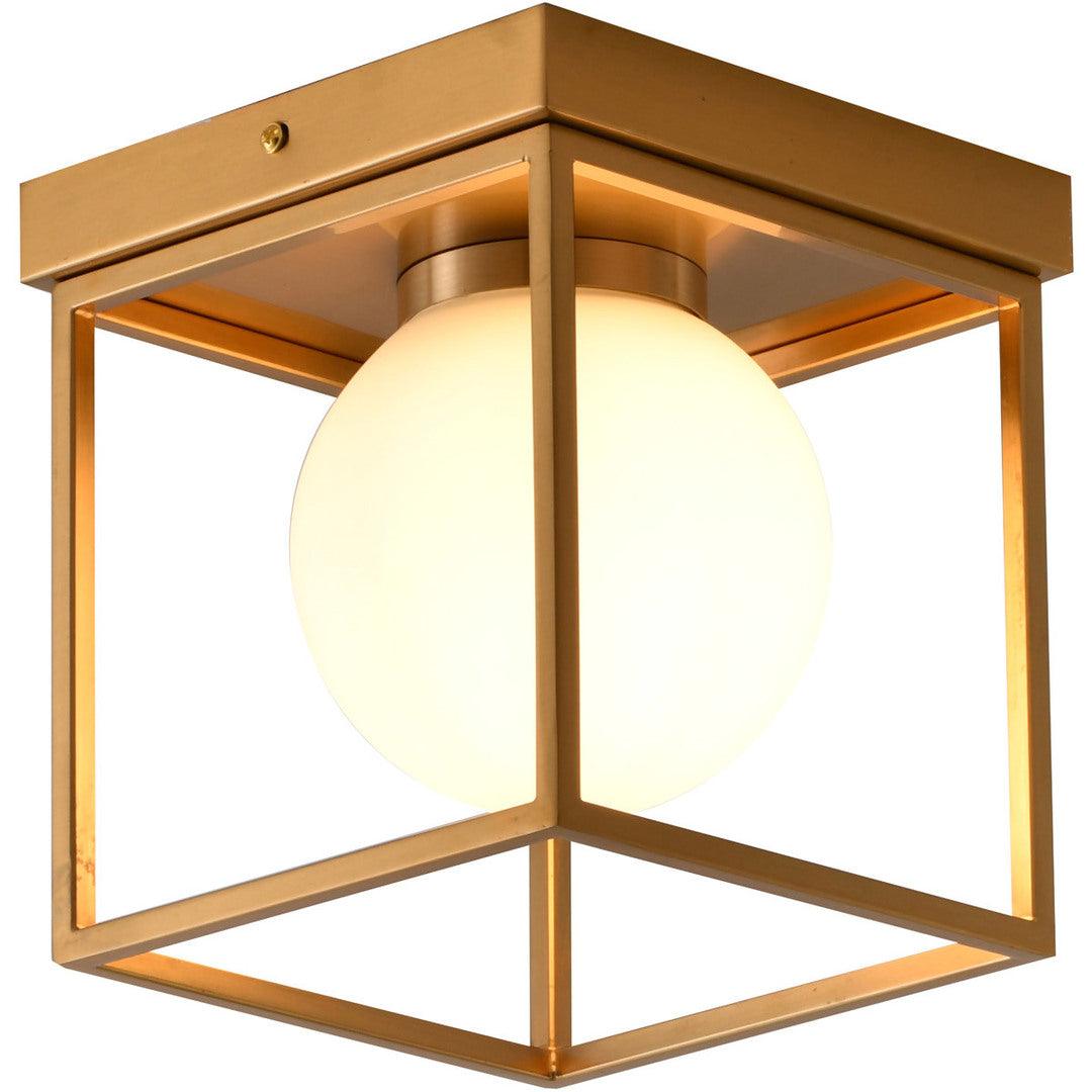 Brass Cube Frame with White Glass Globe Flush Mount - LV LIGHTING