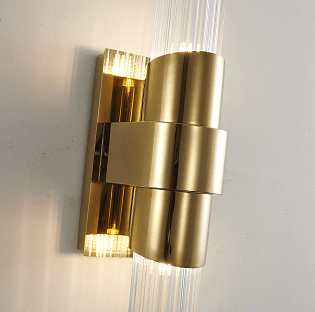 Gold Frame with Clear Cylindrical Ribbed Glass Shade Wall Sconce - LV LIGHTING