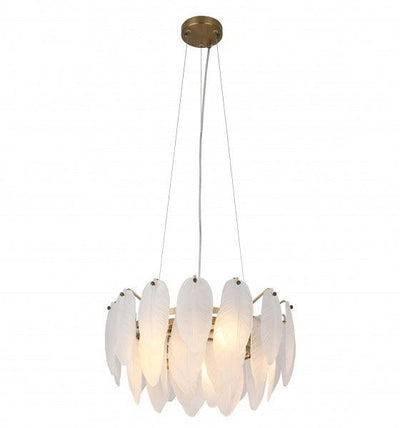 Brass Frame with Hanging Frosted White Glass Leaf Pendant / Chandelier - LV LIGHTING