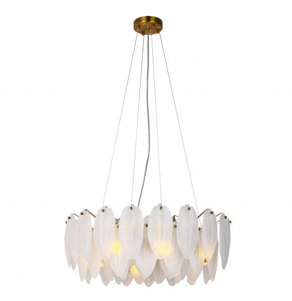 Brass Frame with Hanging Frosted White Glass Leaf Pendant / Chandelier - LV LIGHTING