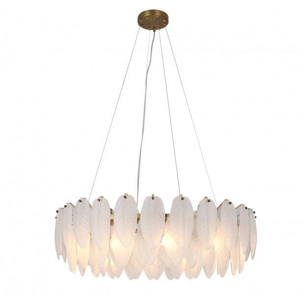 Brass Frame with Hanging Frosted White Glass Leaf Pendant / Chandelier - LV LIGHTING