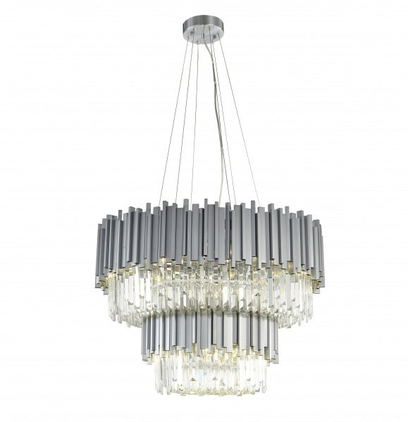 Steel Frame with Clear Crystal Rod Diffuser 2 Tier Chandelier in Satin Nickel by Bethel