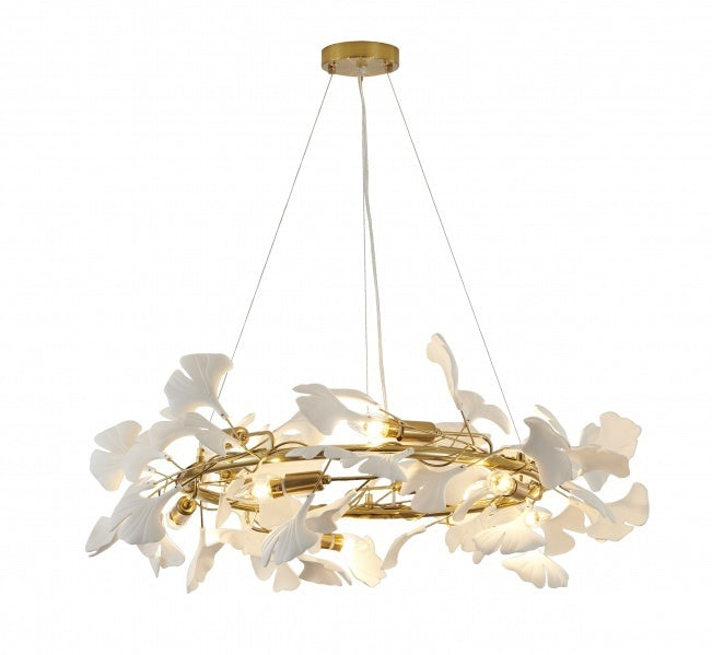 Steel Round Frame with White Acrylic Leaf Accent Chandelier