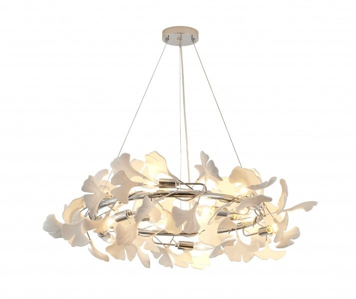 Steel Round Frame with White Acrylic Leaf Accent Chandelier