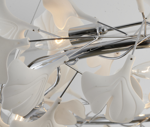 Steel Round Frame with White Acrylic Leaf Accent Chandelier