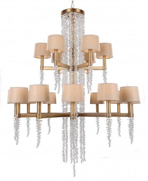 Brass Arm with Hanging Crystal Strand and Beige Fabric Shade Chandelier - LV LIGHTING