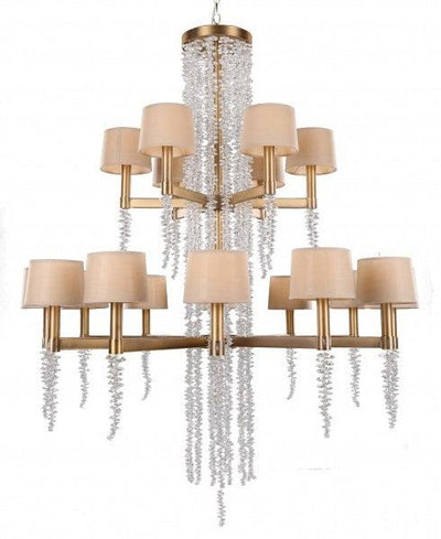 Brass Arm with Hanging Crystal Strand and Beige Fabric Shade Chandelier - LV LIGHTING