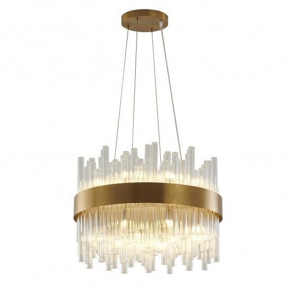 Brass Round Frame with Clear Glass Rod Chandelier - LV LIGHTING