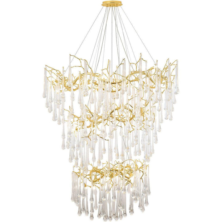 Gold Aluminum Branch Frame with Clear Teardrop Glass 3 Tier Chandelier - LV LIGHTING