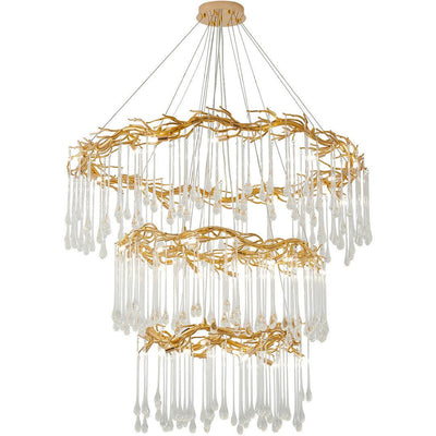 Gold Aluminum Branch Frame with Clear Teardrop Glass 3 Tier Chandelier - LV LIGHTING