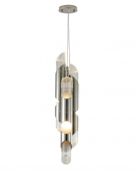 Steel Frame with Clear Ribbed Cylindrical Glass Pendant in Chrome by Bethel