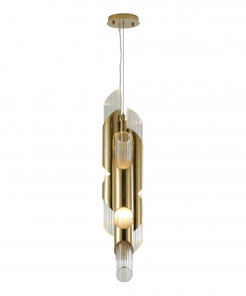 Steel Frame with Clear Ribbed Cylindrical Glass Pendant in Gold by Bethel