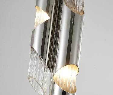 Steel Frame with Clear Ribbed Cylindrical Glass Pendant