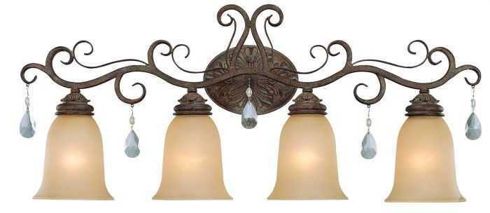 French Roast Frame with Umber Etched Glass Shade and Clear Crystal Drop Vanity Light, 32", by Craftmade