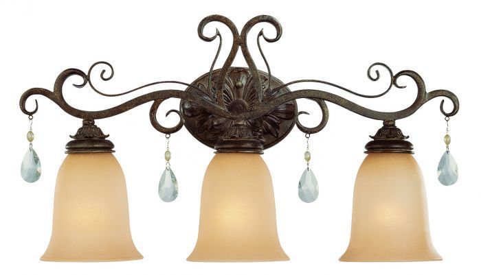 French Roast Frame with Umber Etched Glass Shade and Clear Crystal Drop Vanity Light, 25", by Craftmade